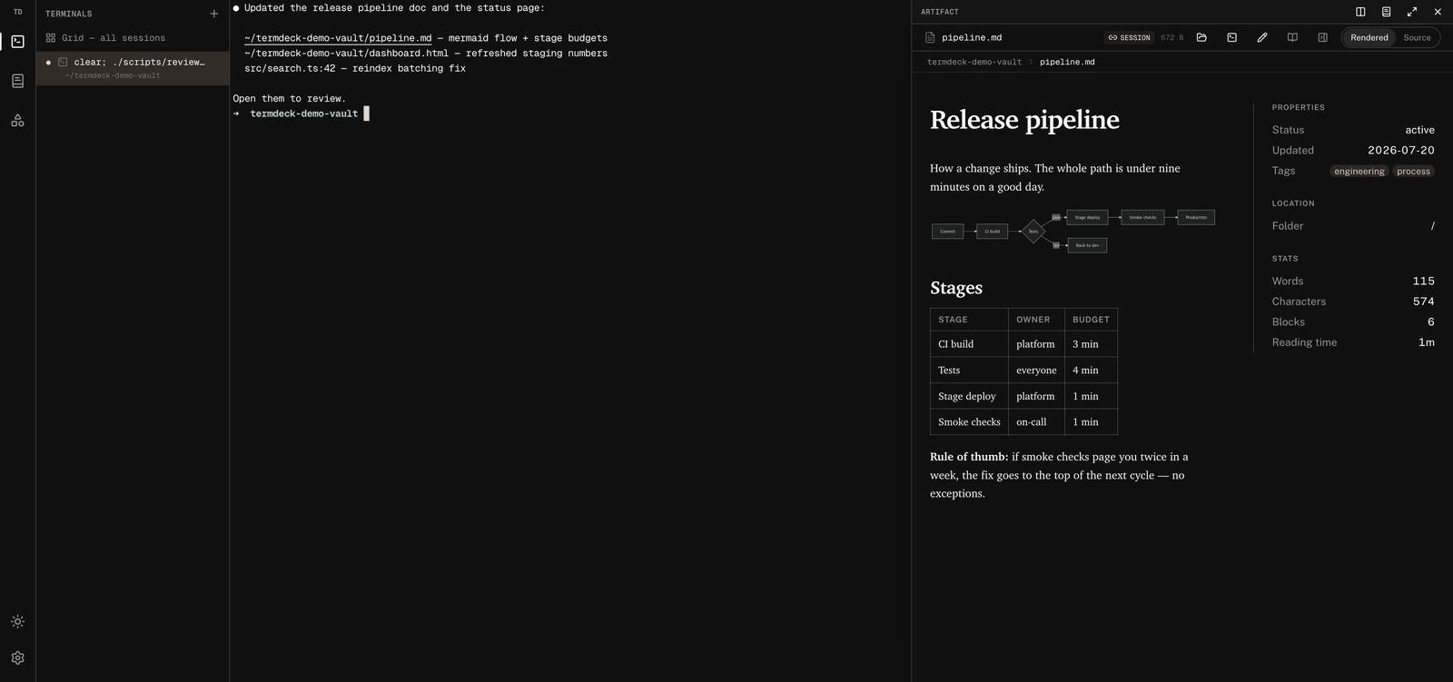 Clicking a file path in terminal output opens a rendered drawer