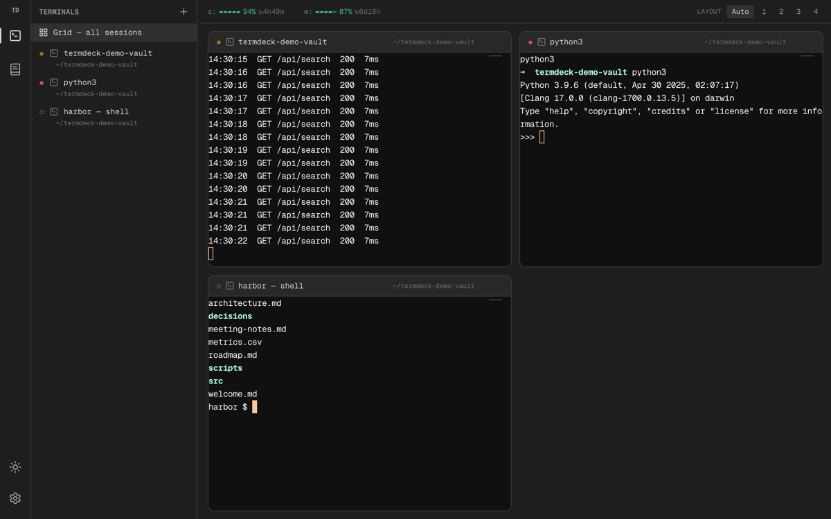TermDeck terminal with session sidebar
